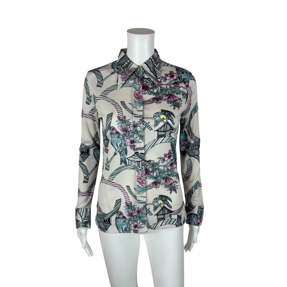 Vintage 70s Bird Print Top Women's Small Blue Pink Birdhouses Novelty Print